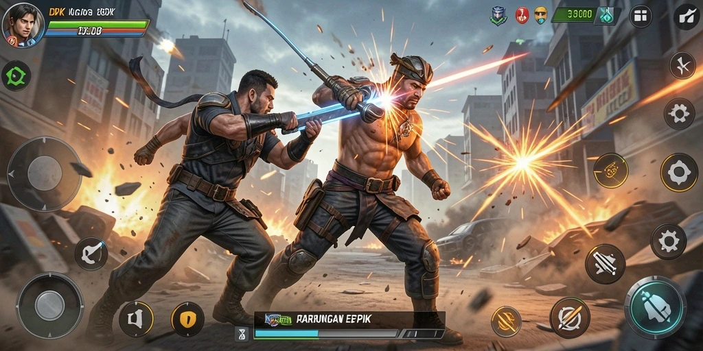Tampilan gameplay menegangkan dalam DKK dengan pertarungan intens.