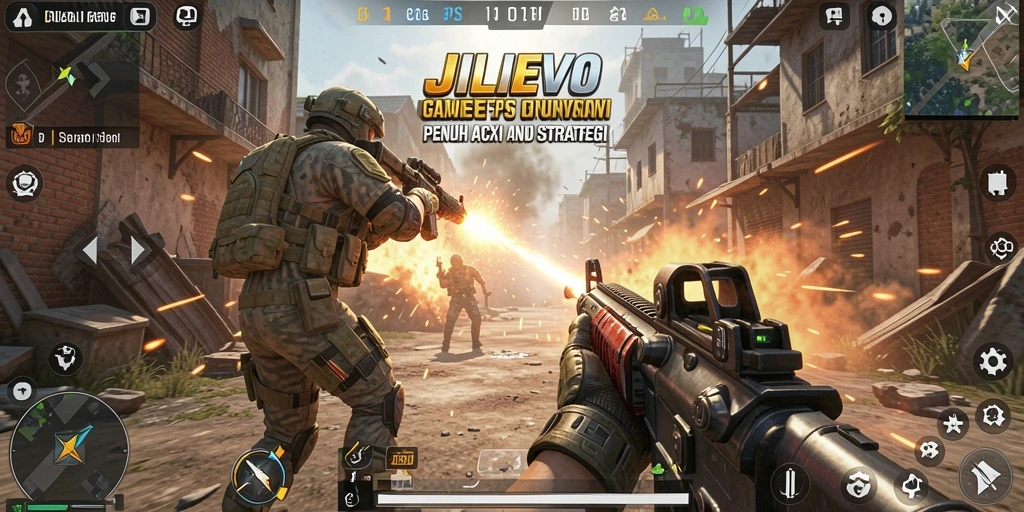 Tangkapan layar gameplay JILIEVO yang menunjukkan aksi tembak-menembak yang seru.