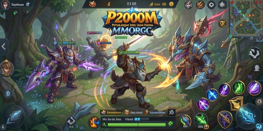Screenshot utama P200M menampilkan aksi seru di dunia MMORPG.