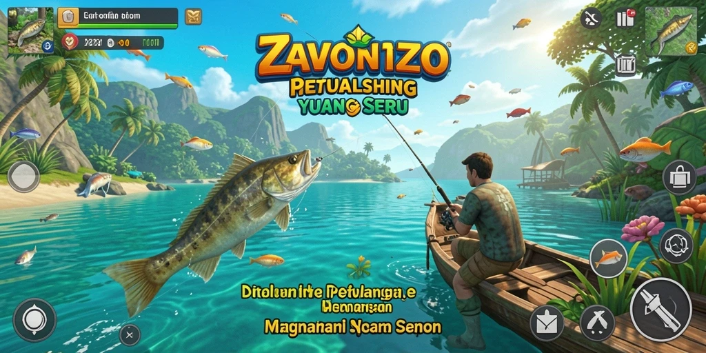Tampilan gameplay ZAVONZO yang menampilkan aksi memancing seru.